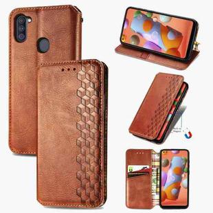 For Samsung Galaxy A11/M11 Cubic Grid Pressed Horizontal Flip Magnetic Leather Case with Holder & Card Slots & Wallet(Brown)