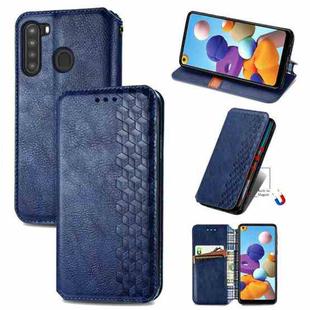 For Samsung Galaxy A21 (US Version) Cubic Grid Pressed Horizontal Flip Magnetic Leather Case with Holder & Card Slots & Wallet(Blue)