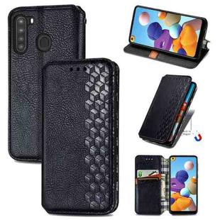 For Samsung Galaxy A21 (US Version) Cubic Grid Pressed Horizontal Flip Magnetic Leather Case with Holder & Card Slots & Wallet(Black)
