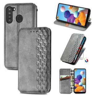 For Samsung Galaxy A21 (US Version) Cubic Grid Pressed Horizontal Flip Magnetic Leather Case with Holder & Card Slots & Wallet(Gray)