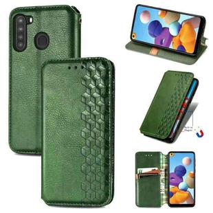 For Samsung Galaxy A21 (US Version) Cubic Grid Pressed Horizontal Flip Magnetic Leather Case with Holder & Card Slots & Wallet(Green)