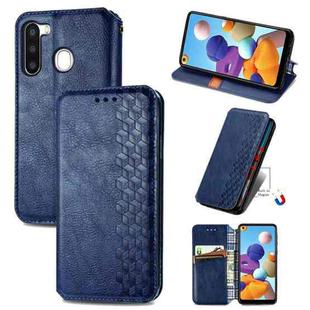For Samsung Galaxy A21 (EU Version) Cubic Grid Pressed Horizontal Flip Magnetic Leather Case with Holder & Card Slots & Wallet(Blue)
