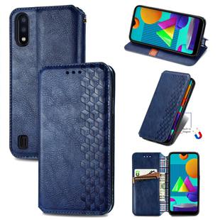 For Samsung Galaxy M01 Cubic Grid Pressed Horizontal Flip Magnetic Leather Case with Holder & Card Slots & Wallet(Blue)