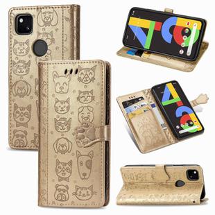 For Google Pixel 4A Cute Cat and Dog Embossed Horizontal Flip Leather Case with Bracket / Card Slot / Wallet / Lanyard(Gold)