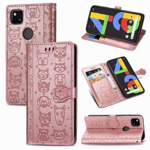 For Google Pixel 4A Cute Cat and Dog Embossed Horizontal Flip Leather Case with Bracket / Card Slot / Wallet / Lanyard(Rose Gold)