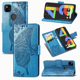 For Google Pixel 4A Butterfly Love Flower Embossed Horizontal Flip Leather Case with Bracket / Card Slot / Wallet / Lanyard(Blue)