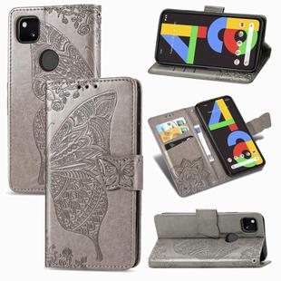 For Google Pixel 4A Butterfly Love Flower Embossed Horizontal Flip Leather Case with Bracket / Card Slot / Wallet / Lanyard(Grey)