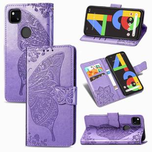 For Google Pixel 4A Butterfly Love Flower Embossed Horizontal Flip Leather Case with Bracket / Card Slot / Wallet / Lanyard(Light Purple)