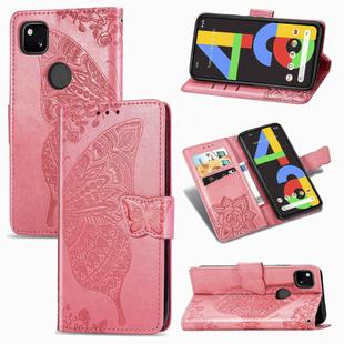 For Google Pixel 4A Butterfly Love Flower Embossed Horizontal Flip Leather Case with Bracket / Card Slot / Wallet / Lanyard(Pink)