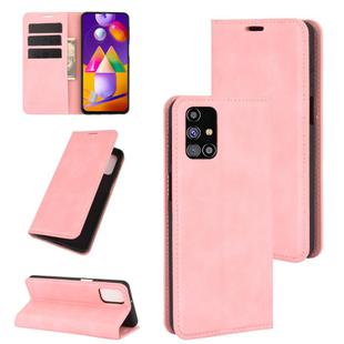 For Samsung Galaxy M31s Retro-skin Business Magnetic Suction Leather Case with Holder & Card Slots & Wallet(Pink)