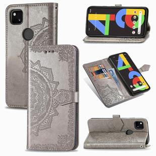 For Google Pixel 4a Mandala Flower Embossed Horizontal Flip Leather Case with Bracket / Card Slot / Wallet / Lanyard(Gray)