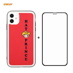 For iPhone 11 Hat-Prince ENKAY ENK-PC0462 Cartoon Series PU Leather + PC Hard Slim Case Shockproof Cover ＆ 0.26mm 9H 2.5D Full Glue Full Coverage Tempered Glass Protector Film(Red)