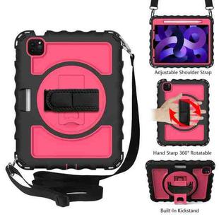 For iPad Air 2022 / 2020 10.9 360 Degree Rotation PC + Silicone Shockproof Combination Case with Holder & Hand Grip Strap & Neck Strap & Pen Slot Holder(Black+Hot Pink)
