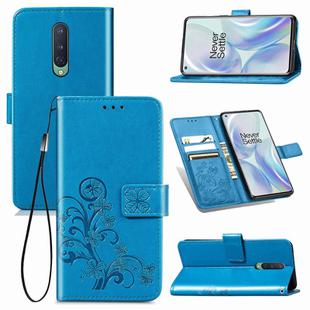 For OnePlus 8 Four-leaf Clasp Embossed Buckle PU Leather Case with Holder & Card Slots & Wallet & Hand Strap(Blue)