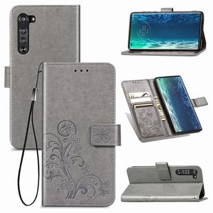 For Motorola Edge Four-leaf Clasp Embossed Buckle Mobile Phone Protection Leather Case with Lanyard & Card Slot & Wallet & Bracket Function(Gray)