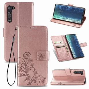 For Motorola Edge Four-leaf Clasp Embossed Buckle Mobile Phone Protection Leather Case with Lanyard & Card Slot & Wallet & Bracket Function(Rose Gold)