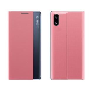 For Xiaomi Redmi 9A Side Window Display with Magnetic Suction / Bracket / Sleep Function / Plain Leather + PC Flip Phone Case(Rose Gold)