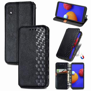 For Samsung Galaxy A01 Core Cubic Grid Pressed Horizontal Flip Magnetic PU Leather Case with Holder & Card Slots & Wallet(Black)
