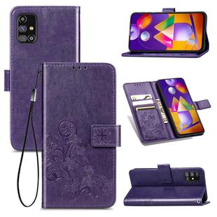 For Samsung Galaxy M31s Four-leaf Clasp Embossed Buckle Mobile Phone Protection Leather Case with Lanyard & Card Slot & Wallet & Holder(Purple)