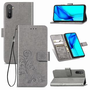 For Huawei Mate 40 Lite /Maimang 9 Four-leaf Clasp Embossed Buckle Mobile Phone Protection Leather Case with Lanyard & Card Slot & Wallet & Bracket Function(Gray)