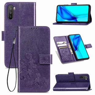 For Huawei Mate 40 Lite /Maimang 9 Four-leaf Clasp Embossed Buckle Mobile Phone Protection Leather Case with Lanyard & Card Slot & Wallet & Bracket Function(Purple)