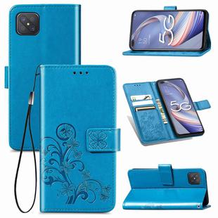 For OPPO A92S Four-leaf Clasp Embossed Buckle Mobile Phone Protection Leather Case with Lanyard & Card Slot & Wallet & Holder(Blue)