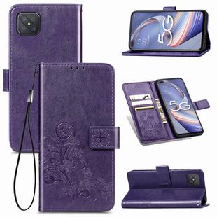 For OPPO A92S Four-leaf Clasp Embossed Buckle Mobile Phone Protection Leather Case with Lanyard & Card Slot & Wallet & Holder(Purple)