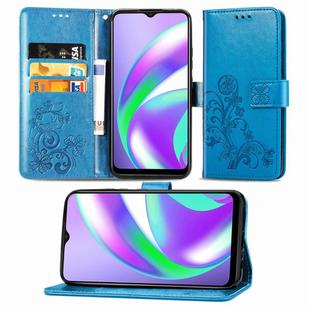 For OPPO Realme C12 Four-leaf Clasp Embossed Buckle Mobile Phone Protection Leather Case with Lanyard & Card Slot & Wallet & Holder(Blue)