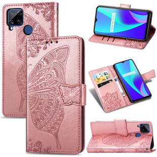 For OPPO Realme C15 Butterfly Love Flower Embossed Horizontal Flip Leather Case with Holder & Card Slots & Wallet & Lanyard(Rose Gold)