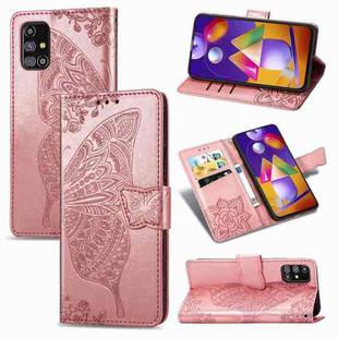 For Samsung Galaxy M31s Butterfly Love Flower Embossed Horizontal Flip Leather Case with Holder & Card Slots & Wallet & Lanyard(Rose Gold)
