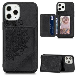 For iPhone 12 / 12 Pro Mandala Embossed Magnetic Cloth Case with Holder & Card Slots & Wallet & Photo Frame(Black)