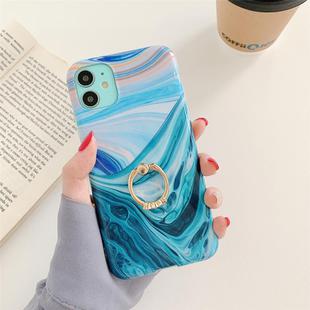 For iPhone 12 mini Ocean Wave Coral IMD TPU Smooth Marble Mobile Phone Protective Case with Ring Metal Rhinestone Holder(Green SZ1)