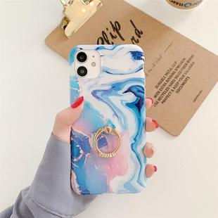 For iPhone 12 mini Ocean Wave Coral IMD TPU Smooth Marble Mobile Phone Protective Case with Ring Metal Rhinestone Holder(Blue SZ3)