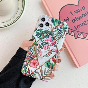 For iPhone 12 / 12 Pro Plating Geometric Flower Series IMD Mobile Phone Case With Folding Stand(Pink PB4)