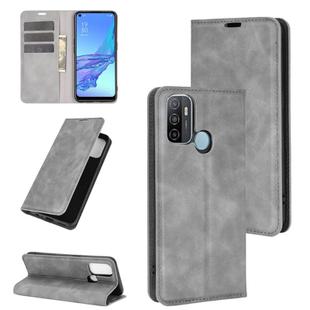 For OPPO A53 2020/OPPO A32 2020 Retro-skin Business Magnetic Suction Leather Case with Holder & Card Slots & Wallet(Grey)