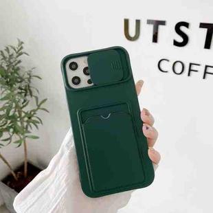 For iPhone 11 Pro Max Sliding Camera Cover Design TPU Protective Case With Card Slot & Neck Lanyard (Deep Green)