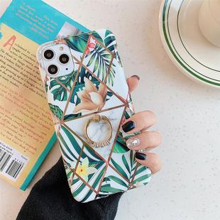 For iPhone 12 / 12 Pro Plating Geometric Flower Series IMD TPU Mobile Phone Case With Ring Bracket Rhinestones(Green PC2)
