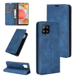For Samsung Galaxy A42 5G Retro-skin Business Magnetic Suction Leather Case with Holder & Card Slots & Wallet(Dark Blue)