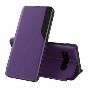 For Samsung Galaxy S10 Plus Side Display Magnetic Shockproof Horizontal Flip Leather Case with Holder(Purple)