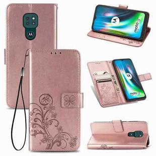 For Motorola Moto G9 Play Four-leaf Clasp Embossed Buckle Mobile Phone Protection Leather Case with Lanyard & Card Slot & Wallet & Bracket Function(Rose Gold)