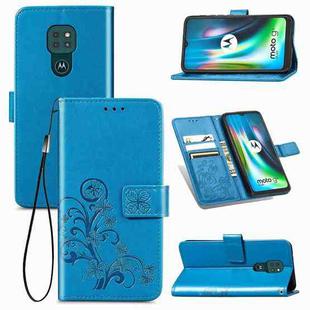 For Motorola Moto G9 Play Four-leaf Clasp Embossed Buckle Mobile Phone Protection Leather Case with Lanyard & Card Slot & Wallet & Bracket Function(Blue)