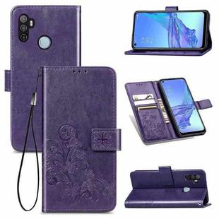 For Oppo A53 2020 Four-leaf Clasp Embossed Buckle Mobile Phone Protection Leather Case with Lanyard & Card Slot & Wallet & Bracket Function(Purple)