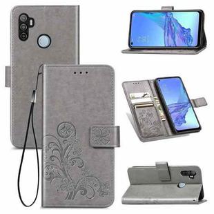 For Oppo A53 2020 Four-leaf Clasp Embossed Buckle Mobile Phone Protection Leather Case with Lanyard & Card Slot & Wallet & Bracket Function(Gray)