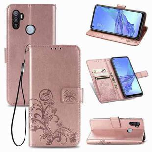 For Oppo A53 2020 Four-leaf Clasp Embossed Buckle Mobile Phone Protection Leather Case with Lanyard & Card Slot & Wallet & Bracket Function(Rose Gold)