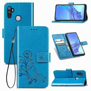 For Oppo A53 2020 Four-leaf Clasp Embossed Buckle Mobile Phone Protection Leather Case with Lanyard & Card Slot & Wallet & Bracket Function(Blue)