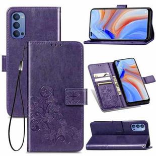 For Oppo Reno4 4G Four-leaf Clasp Embossed Buckle Mobile Phone Protection Leather Case with Lanyard & Card Slot & Wallet & Bracket Function(Purple)