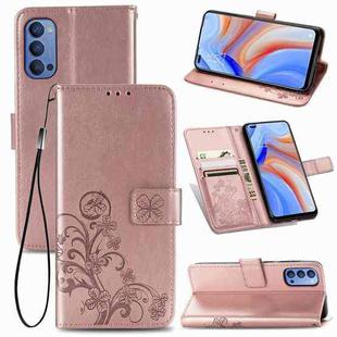 For Oppo Reno4 4G Four-leaf Clasp Embossed Buckle Mobile Phone Protection Leather Case with Lanyard & Card Slot & Wallet & Bracket Function(Rose Gold)