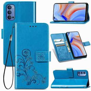 For Oppo Reno4 4G Four-leaf Clasp Embossed Buckle Mobile Phone Protection Leather Case with Lanyard & Card Slot & Wallet & Bracket Function(Blue)