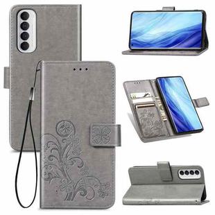 For Oppo Reno4 Pro 4G Four-leaf Clasp Embossed Buckle Mobile Phone Protection Leather Case with Lanyard & Card Slot & Wallet & Bracket Function(Gray)