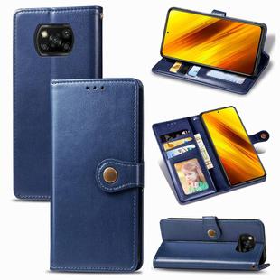 For  Xiaomi Poco X3 NFC Retro Solid Color Leather Buckle Phone Case with Lanyard & Photo Frame & Card Slot & Wallet & Stand Function(Blue)